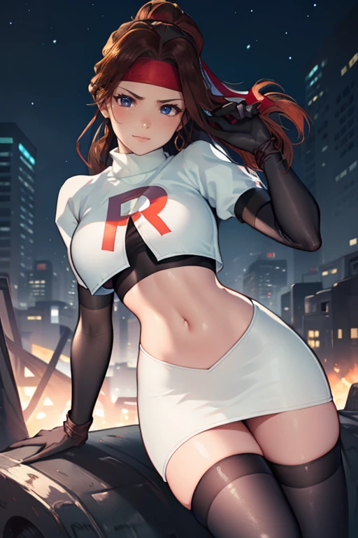 jessie rasberry, headband ,glossy lips, light makeup, eye shadow, Team rocket, team rocket uniform, red letter R, white skirt,white crop top,black thigh-high boots, black elbow gloves, evil smile, night sky background, earrings, large breasts, high-heeled boots