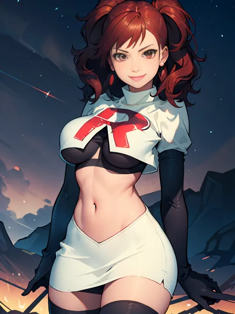 best quality,ultra-detailed,realistic,professional,rise kujikawa,portrait,team rocket, team rocket uniform, red letter r, white ...