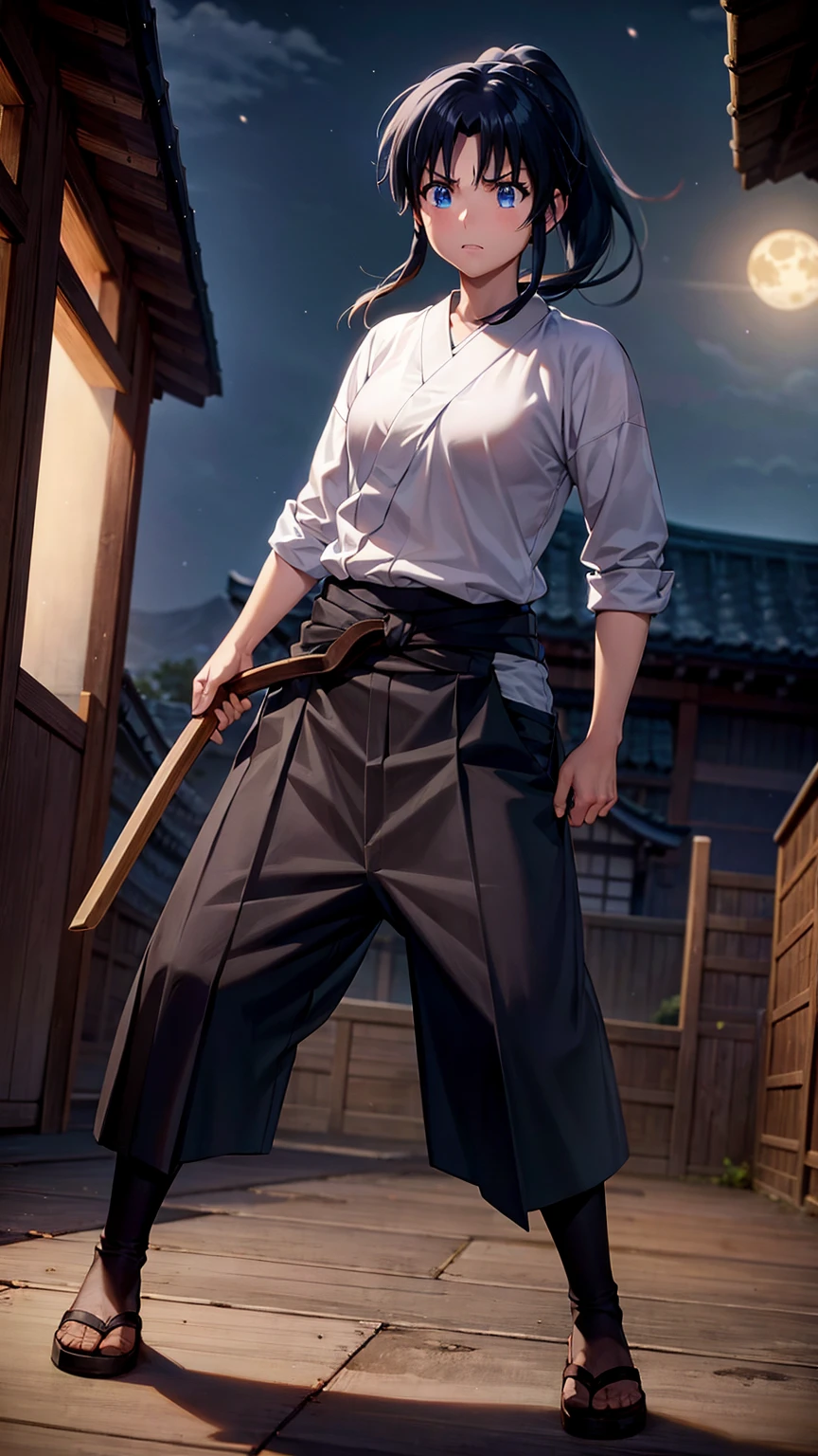 score_9, score_8_up, score_7_up, score_6_up,
uncensored,
1girl, kaoru kamiya, blue eyes, black hair, medium breasts, 
japanese clothes, ponytail, brown hakama, skirt, hakama, hakama skirt,
holding wooden sword 
looking at viewer, solo,
outdoors, moon, night, night sky, mountain,  cherry blossoms, 
Mountain paths, rocky mountains, temple, 
look up,angry, 
standing, full body,  fighting stance, 
(from below:1.1),  (dutch angle:1.2),
masterpiece, best quality,