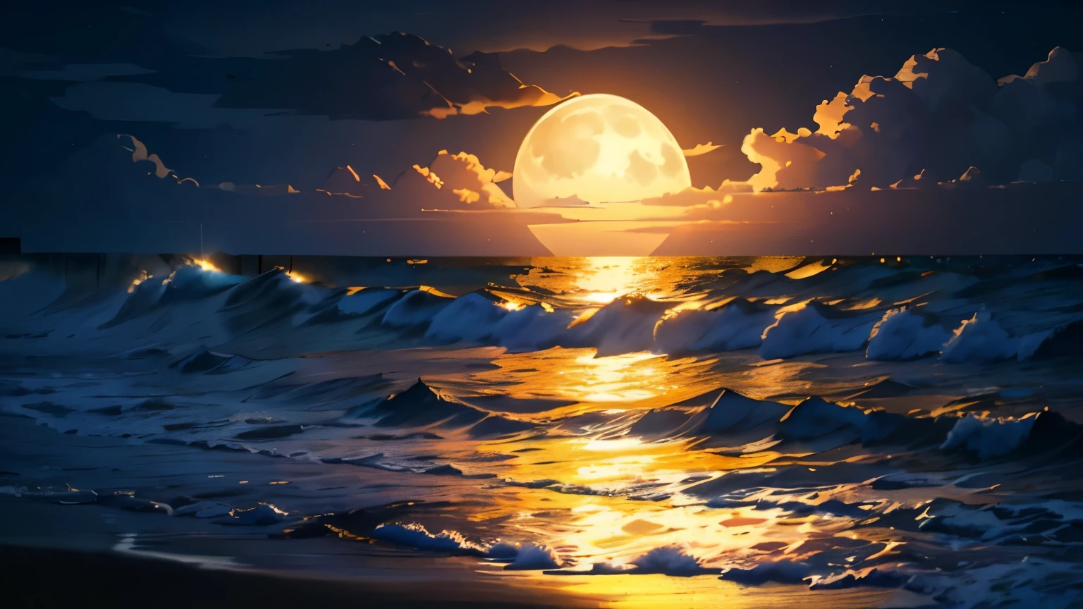 (noite de lua cheia),(na praia,ondas quebrando),(iluminação dramática),(Silhueta),(areia brilhante),(atmosfera calma e relaxante), Centenas de lanternas, Lindas lanternas em muito papel, lua enorme