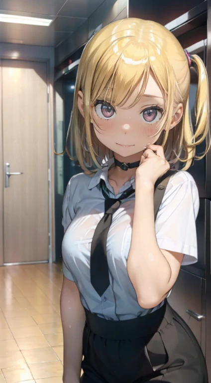 nsfw, masterpiece, (best quality:1.2), (sharp focus:1.2),, 1 girl, slim girl,, (blonde|light_yellow hair), cat ears,, detailed face, young|cute face, blush, evil smile,, natural breasts, thin arms,, white collared shirt with black tie, black choker,, in a modern office, indoor