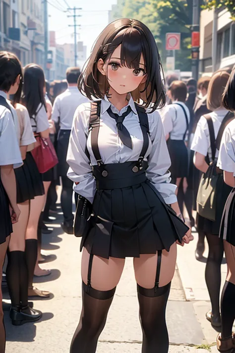 brown hair、Looking at the audience　　suspenders　　　bulging big breasts　　 　 　　　　Black mini skirt　garter belt　Knee-high socks　　　　　　s...