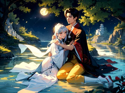 a scene from a tv series "chinese fairy tale", two young men sitting on a rock under a tree, the white moonlight shines through ...