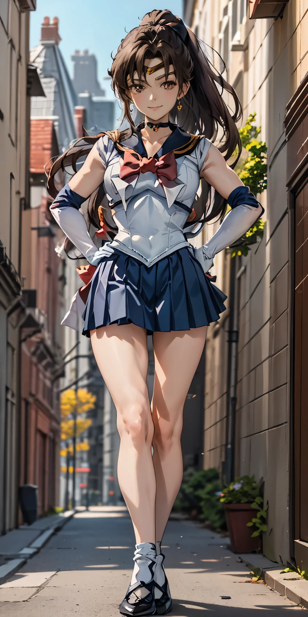 best quality, (masterpiece:1.2), highly detailed,
standing, outdoors, building, school,
FEMALE  hand on hips
1girl, solo, standing, looking at the viewer, smile, sign to viewer
brown hair, ponytail, brown eyes, scrunchie,
(sailor senshi uniform), circlet, jewelry, earrings, choker, red bow, white gloves, elbow gloves, blue skirt