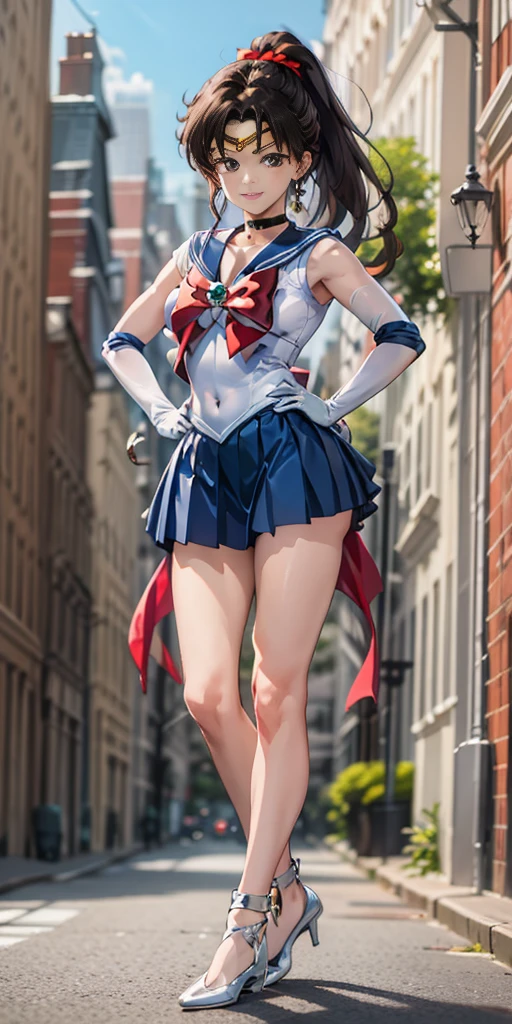 best quality, (masterpiece:1.2), highly detailed, standing, outdoors, building, school, FEMALE hand on hips 1girl, solo, standing, looking at the viewer, smile, sign to viewer brown hair, ponytail, brown eyes, scrunchie, (sailor senshi uniform), circlet, jewelry, earrings, choker, red bow, white gloves, elbow gloves, blue skirt