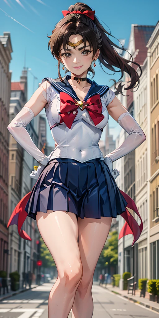 best quality, (masterpiece:1.2), highly detailed, standing, outdoors, building, school, FEMALE hand on hips 1girl, solo, standing, looking at the viewer, smile, sign to viewer brown hair, ponytail, brown eyes, scrunchie, (sailor senshi uniform), circlet, jewelry, earrings, choker, red bow, white gloves, elbow gloves, blue skirt