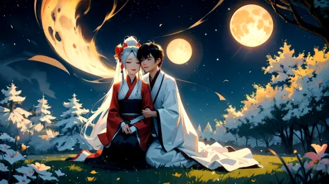 a scene from a tv series "chinese fairy tale", two young men sitting on a rock under a tree, the white moonlight shines through ...