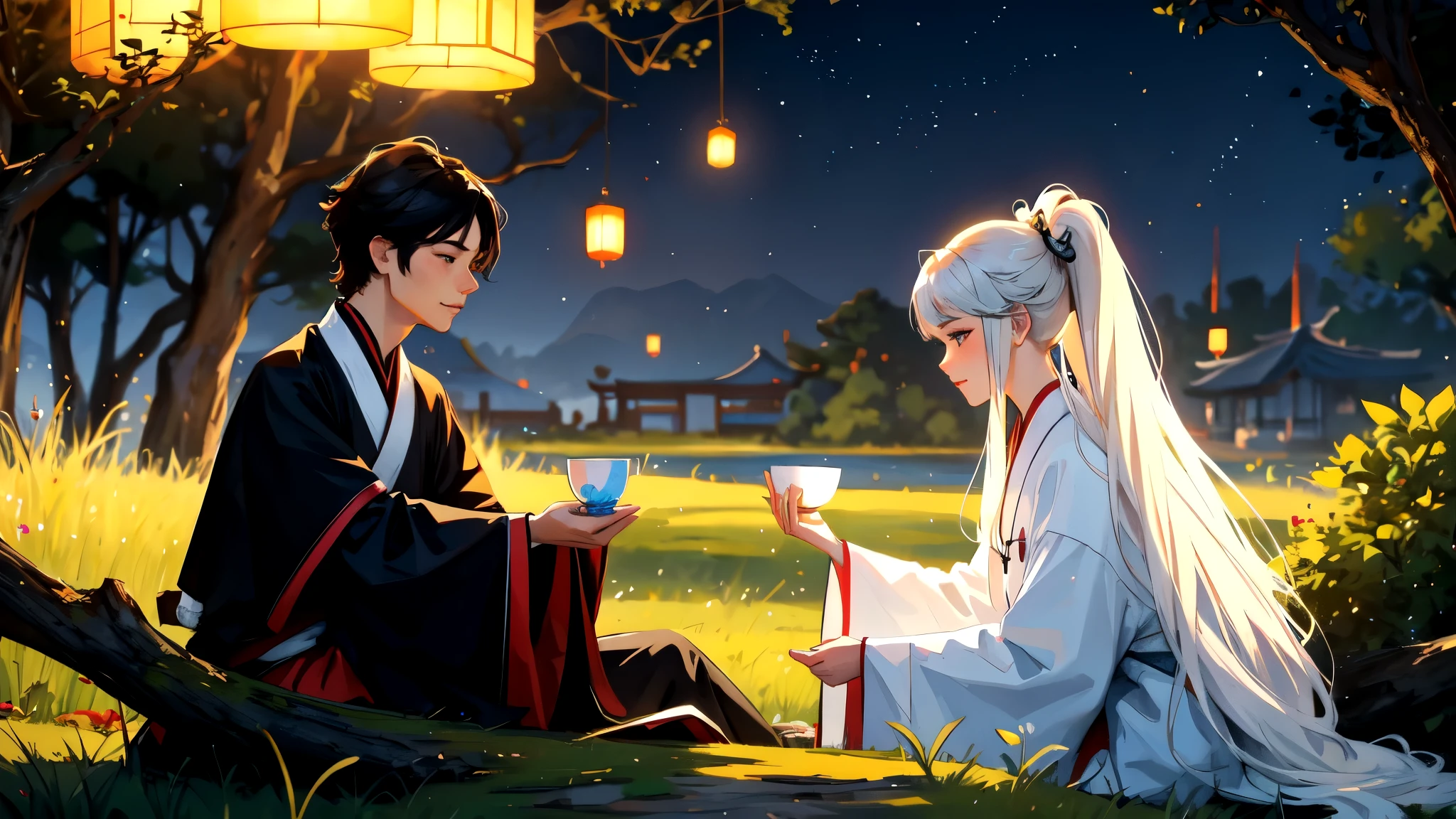 A scene from a TV series "Chinese fairy tale", Two young men sitting on a rock under a tree, The white moonlight shines through the leaves on their faces，They stared at each other. Man wearing traditional Hanfu，His lover was dressed in blue , The two gazed into each other&#39;s eyes，A faint smile appeared on their faces. A huge full moon and bright stars illuminated the night scene behind them.. There is an open space in front，Some green plants can be seen. Chinese art style, With Chinese elements and fantasy, With movie lighting effects and HD picture quality. 