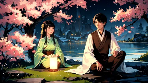 a scene from a tv series "chinese fairy tale", two young men sitting on a rock under a tree, the white moonlight shines through ...