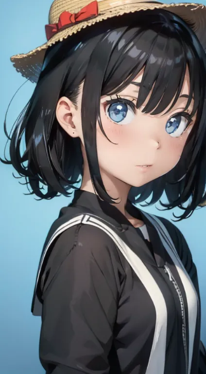 anime girl with long black hair wearing a straw hat, anime style 4 k, beautiful anime portrait, anime moe artstyle, anime art wa...