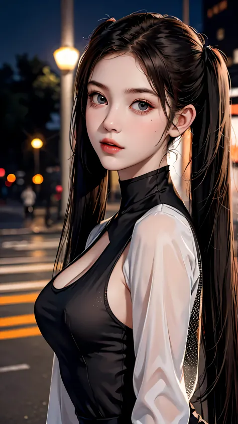 masterpiece, highest quality, one girl, alone, blush, twin tails, long hair, ((see-through streetwear)), outdoor, night, movie p...