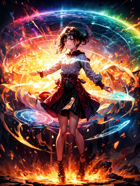 1 Girl,Rainbow magic circle,All magic circles, water, fire, electricity, soil, wood, Light, dark, time, space, All great magicia...