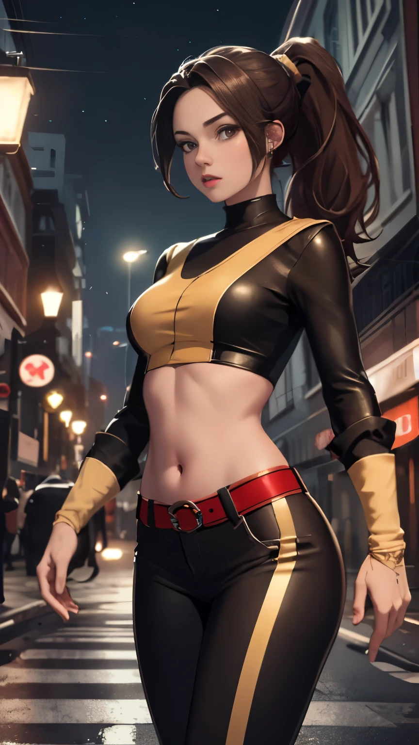 (Highly quality, masterpiece, detailed), night city detailed scenario, night city detailed background, 20 years old girl, solo, ktpryde, brown eyes, brown hair, ponytail, crop top, navel, perfect face, beautiful eyes, looking at the viewer, Sexy pose