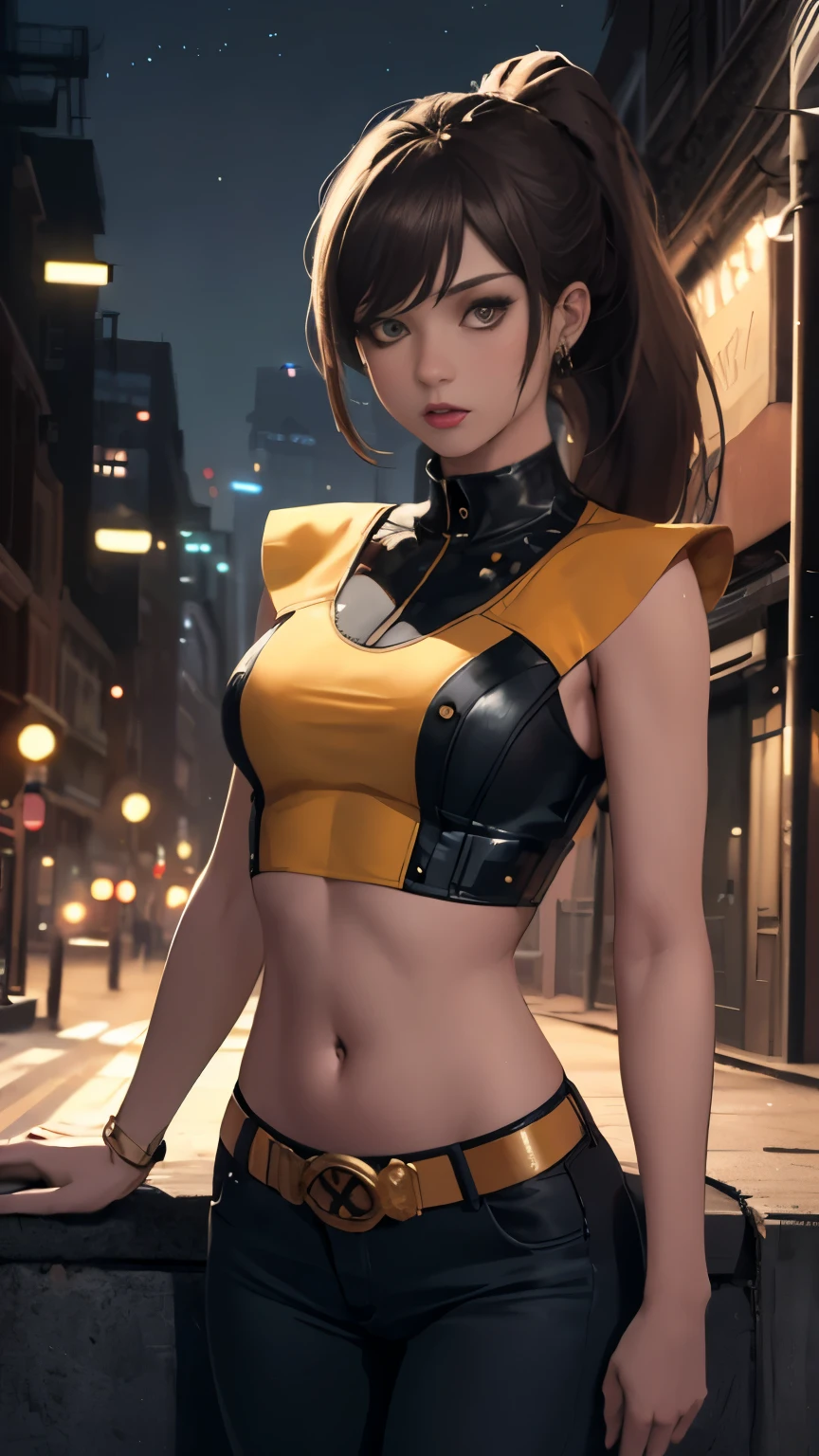 (Highly quality, masterpiece, detailed), night city detailed scenario, night city detailed background, 20 years old girl, solo, ktpryde, brown eyes, brown hair, ponytail, crop top, navel, perfect face, beautiful eyes, looking at the viewer, Sexy pose