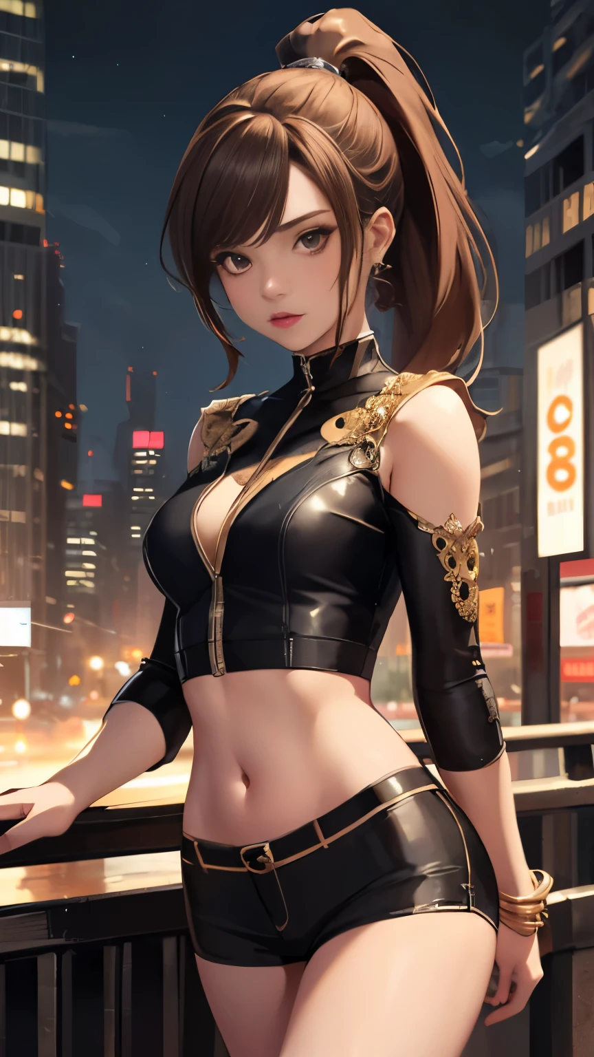 (Highly quality, masterpiece, detailed), night city detailed scenario, night city detailed background, 20 years old girl, solo, ktpryde, brown eyes, brown hair, ponytail, crop top, navel, perfect face, beautiful eyes, looking at the viewer, Sexy pose