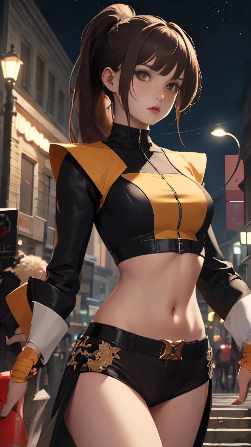 (Highly quality, masterpiece, detailed), night city detailed scenario, night city detailed background, 20 years old girl, solo, ktpryde, brown eyes, brown hair, ponytail, crop top, sleeves, navel, perfect face, beautiful eyes, looking at the viewer, Sexy pose