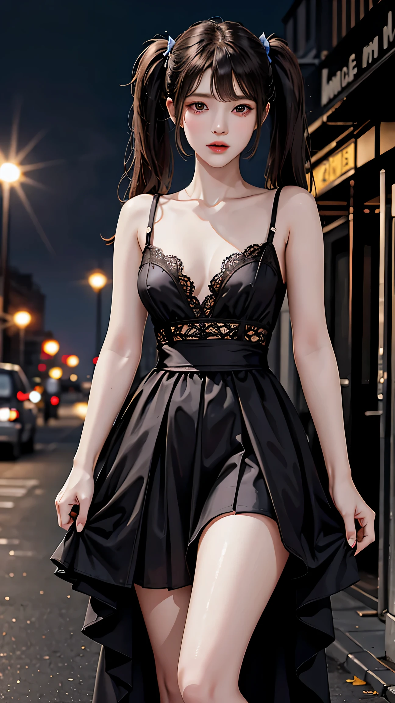 masterpiece, highest quality, Fu Tao V4, One girl, alone, blush, Twin tails, Long Hair, Hair between the eyes, ((Streetwear)), city, Outdoor, night, movie poster, Highly detailed 8K, Smooth, High resolution, super high quality, Cinema Lighting, Ambient Occlusion, hd, 2k, 4K, 8k, 16k, very detailed anime, Detailed face, Perfect composition, Wide Shot, atmospheric lighting, Very sexy, raise the skirt, random waist angle, No correction, Browsing Caution, No correction