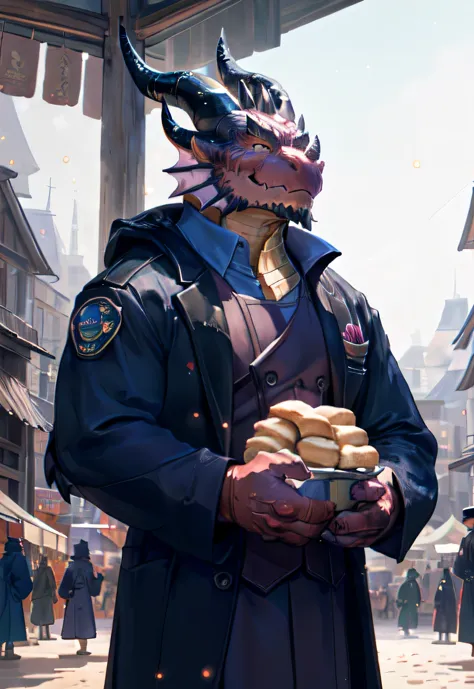 dough, chef&#39;artwork, official art, dragon, horn, queue, layer, muscle, fort, i, no, coat, dequeueed eyes, upper body, (half-...