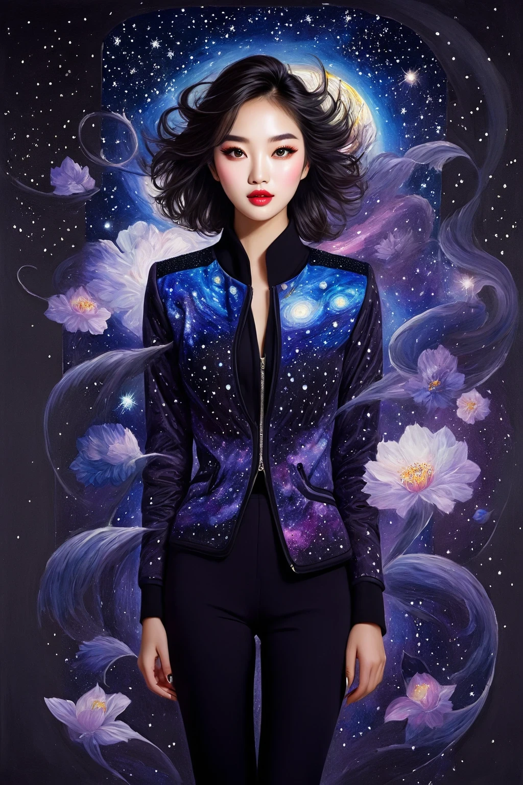 (best quality, highres, realistic:1.37), detailed portrait, a impressive painting of girl in galaxy beautiful detailed eyes, beautiful detailed lips, long eyelashes, fashionable clothing, confident and elegant posture, unique catwalk style, starry night pattern on the jacket, vibrant colors, rich textures, soft and glowing lighting, runway atmosphere, asian model