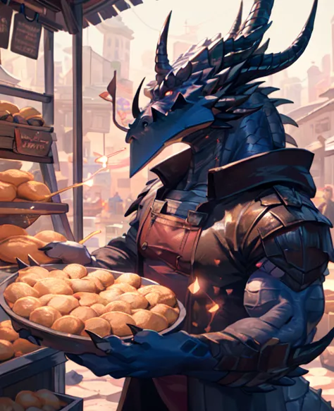 dough, chef&#39;artwork, official art,  dragon, horn, queue, layer, muscle, fort, i, no, coat, dequeueed eyes, upper body, (half...