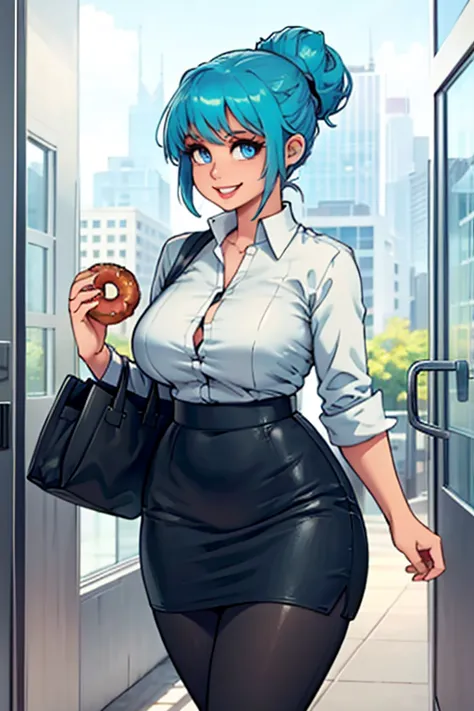 art by kipteitei, 1girl, aqua blue hair, hair up, blue eyes, black pencil skirt, dress shirt, black tights, happy expression, ti...