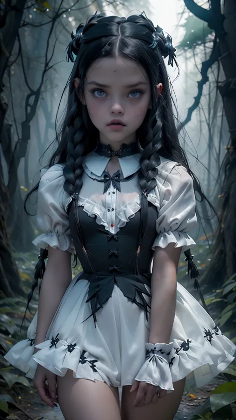 Jenna Ortega as Wednesday Addams, con vestido corto Lolita white , (fondo bosque tenebroso rojo:1.4) , puntaje_9, puntaje_8_arri...