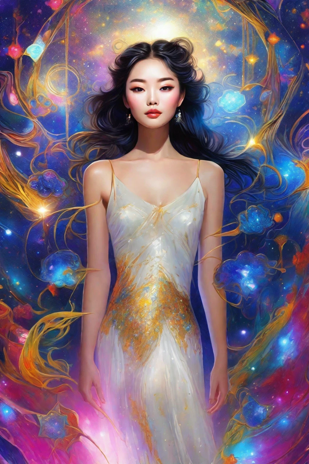 (best quality, highres, realistic:1.37), detailed portrait, a impressive painting of girl in galaxy beautiful detailed eyes, beautiful detailed lips, long eyelashes, fashionable clothing, confident and elegant posture, unique catwalk style, starry night pattern on the jacket, vibrant colors, rich textures, soft and glowing lighting, runway atmosphere, asian model