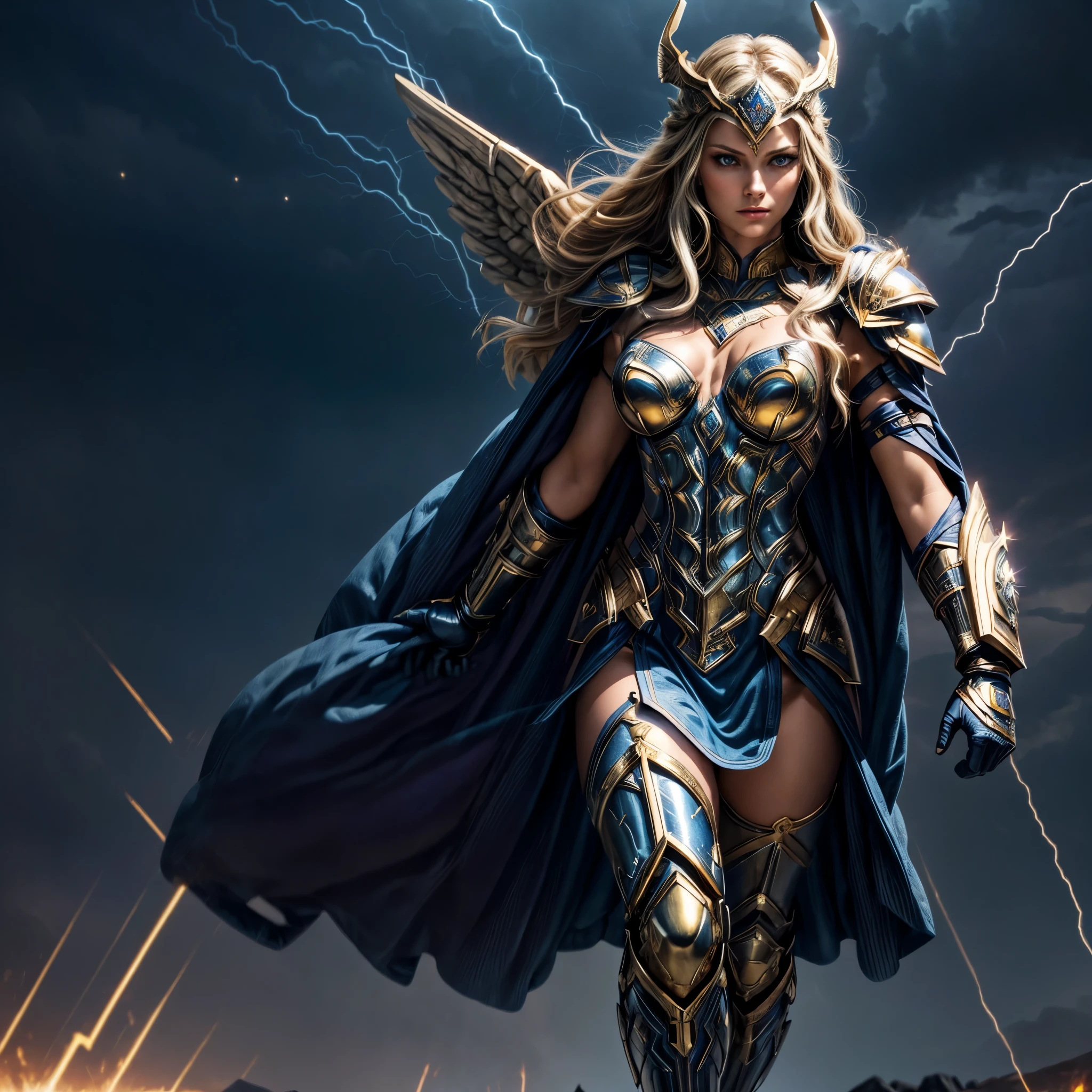 1woman, digital illustration of Thundra, the Asgardian hero, standing confidently in her dark blue/purple armor with gold trim inspired by Jack Kirby's designs. blonde hair. Capture the essence of her power as she commands thunder and lightning, with her cape resembling a star field. Include the (((Norse helm with gold wings))) and showcase her right hand covered in a heavy armored glove. cosmic background. deep v neck. stern expression, (best quality), (masterpiece), realistic, sharp, 8k, (helmet), (purple armor), valkyrie, (full body), pretty face, (blue eyes), (((left hand glove))), (((Armored left hand))), bare right hand, star pattern, good hands, detailed hands. (((Flying pose)))
