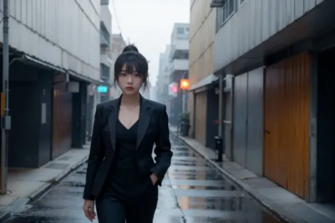 tech black, calm cyberpunk style, a vacant alley with good texture, walking girl, thin:1.2, ponytail_weave_hairstyle, bangs, nav...