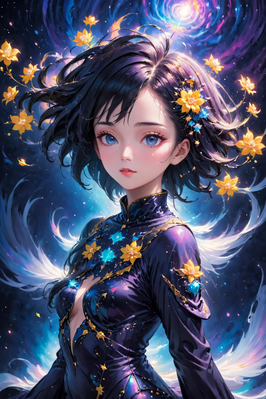 arafed image of a woman with a jacket and flowers, cosmic girl, inspired by Zhou Wenjing, suit made of stars, goddess of galaxies, galaxy + baroque, girl in space, cosmic style, cosmic goddess, inspired by Wen Jia, portrait of a cosmic goddess, exquisite digital illustration, cyborg goddess in cosmos, strange portrait with galaxy, jingna zhang