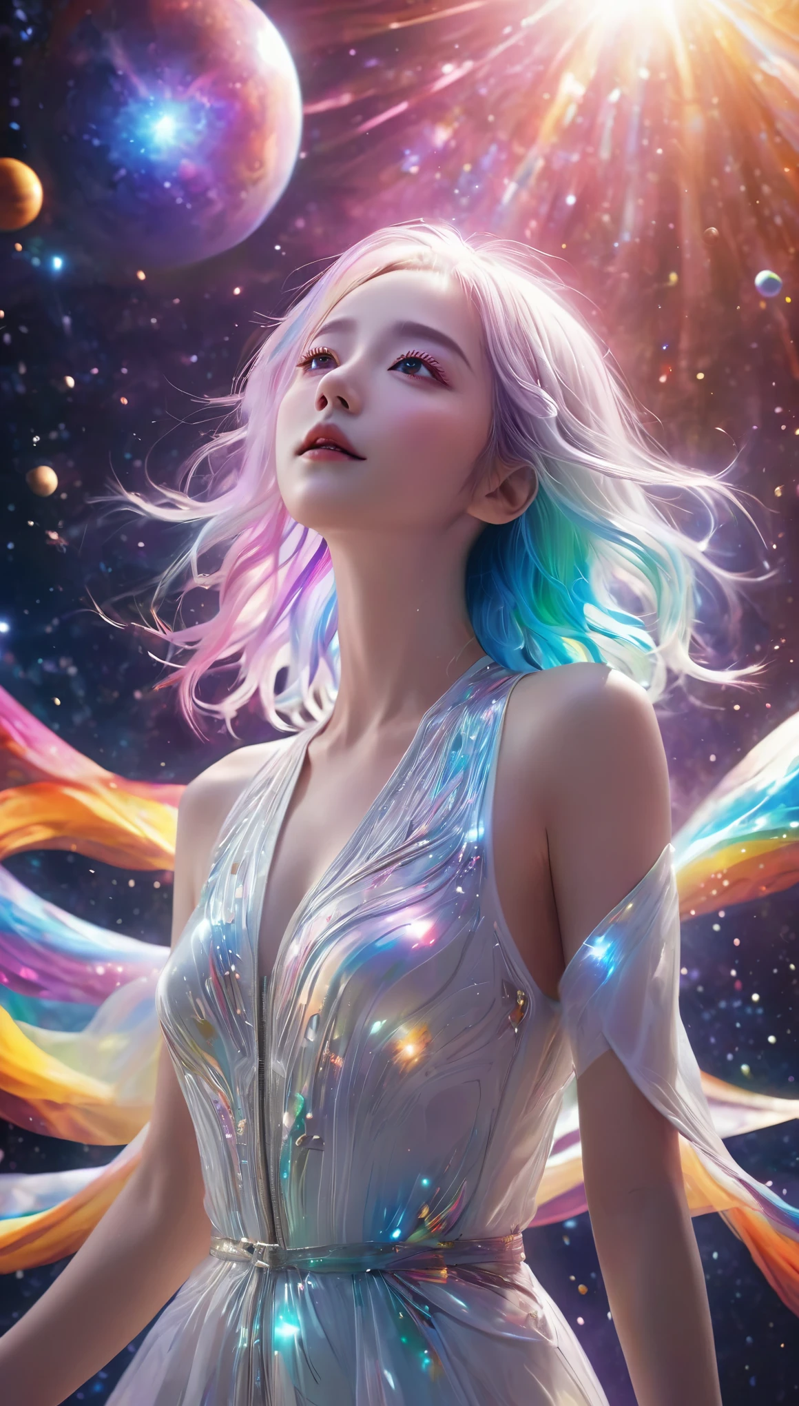 Floating in space、((whole body))、Reach out, highest quality, Highly detailed CG synthesis 8k wallpaper, Cinema lighting, Lens flare, Beautiful eye for detail, White clothes,  Multicolored Hair, Rich and colorful light, particle, 16 years old、girl、Laugh fearlessly、Rainbow Hair、Big Bang Girl,((The edge of the universe can be seen on the lining))、dark matter、energy、Retro and psychedelic、Create miracles with a single photon、From Blink to Quasar、It&#39;s too bright to keep looking、The Super Burst is what draws you in