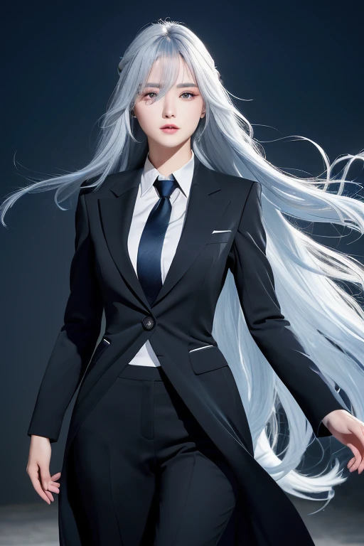 Anime Style、White skin、Gray Hair、Long Hair、Blue vein hair、Upward、Large and noticeable、Colorful gas expression、Captivating big 、feminine、High-frequency detail (((Sharpness)))、((Focus Sharp: 1.2 ) )、Pueros Face_v1: 0.7)、(8k、highest quality)、Very large chest light)))、Beautiful lighting、Highly detailed face、well drawn hands、Well drawn legs、Well drawn legs、Exposed chest、(masterpiece) : 1、2)、highest quality、masterpiece、High resolution、Original and detailed wallpapers、information: Personal Security、黒いsuit、Black tie、全身カバー black suitl suit, girl in a suit, wearing a strict business suit, wearing a black suit, wearing black suit, wearing black business suit, in strict suit, wearing business suit, in a business suit, black suit, suit ， Perfect Face, with a business suit on, Confident face、strong skeleton、Woman with a good physique, Bright Eyes、Blue or green eyes、Light makeup, Under eye makeup, Add blue highlights to the tips of your hair, Very clear eyes