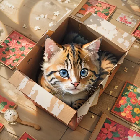 There is a cat lying in a box on the floor., Realistic paintings by Brian Thomas, tumbler, Photorealism, Cute cat, Adorable digi...