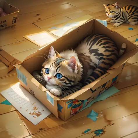 There is a cat lying in a box on the floor., Realistic paintings by Brian Thomas, tumbler, Photorealism, Cute cat, Adorable digi...