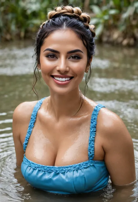 mujer joven, 27 years old,.She lies in a warm hot spring.. esta lloviendo. She is standing in waist-deep water.. She smiles with...