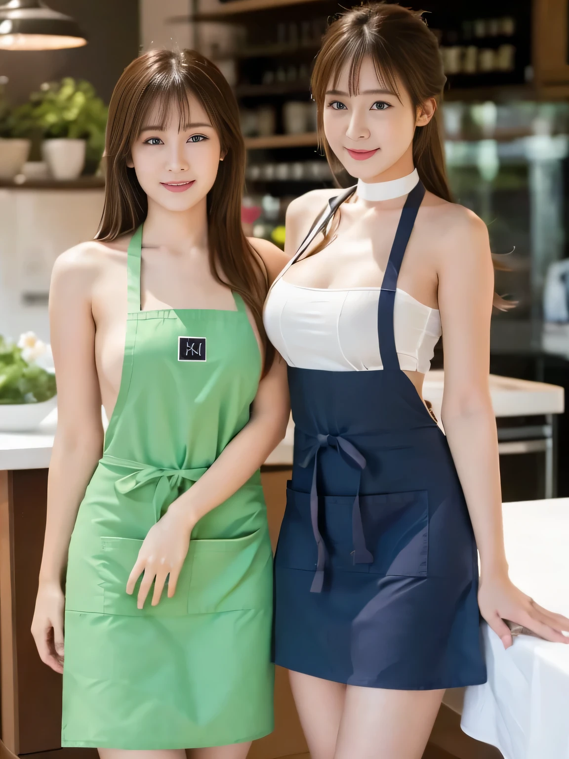 Two asian women in aprons posing for a picture in a kitchen - SeaArt AI