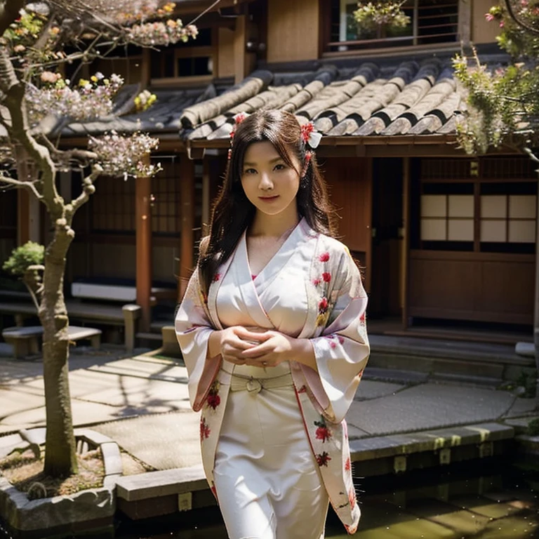 여자 1명, 귀여운 일본 여성, 25세 여성, 키모노, 단단한, 역동적인 포즈, 일본 전통 가옥, 매화 나무, 가슴에 공중 시야각 초점, 초현실적인 사진