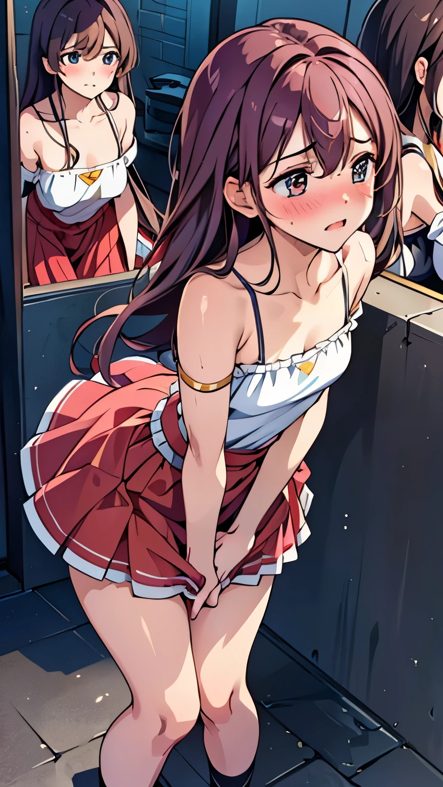 Anime girl in a short skirt looking at herself in a mirror - SeaArt AI