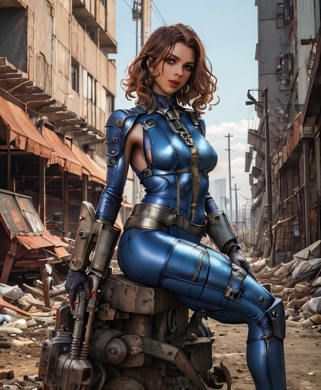 (best quality,4k,8k,highres,masterpiece:1.2),ultra-detailed,(realistic,photorealistic,photo-realistic:1.37),portrait,vivid colors,studio lighting,sexy,vibrant,voluptuous,nuclear wasteland,hazardous environment,bold makeup,sultry expression,curvaceous figure,provocative pose,cyberpunk aesthetic,distressed clothing,futuristic elements,gleaming power armor,dangerous allure,radiation glow,sensual lips,fierce eyes,alluring gaze,scantily clad,post-apocalyptic setting,fallout universe,desolate ruins,metallic textures,colorful neon lights,masculine wasteland companion,mysterious aura,burlesque-inspired outfit,latex gloves,dystopian atmosphere,airbrushed details,emblematic vault number,scarred skin,metropolitan backdrop,seductive charm,intense gaze,shadows and highlights,curly locks,iron chain accessories