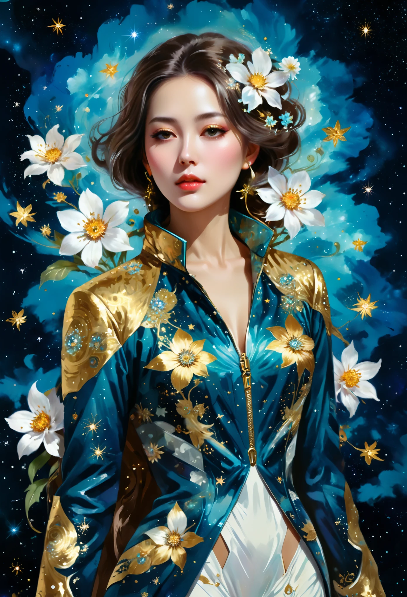 Imagen arafed de una mujer con chaqueta y flores., chica cosmica, inspirado en Zhou Wenjing, traje hecho de estrellas, diosa de las galaxias, galaxia + Barroco, chica en el espacio, estilo cósmico, diosa cósmica, inspirado por Wen Jia, portrait of a diosa cósmica, Exquisita ilustración digital, diosa cyborg en el cosmos, strange portrait with galaxia, jingna zhang