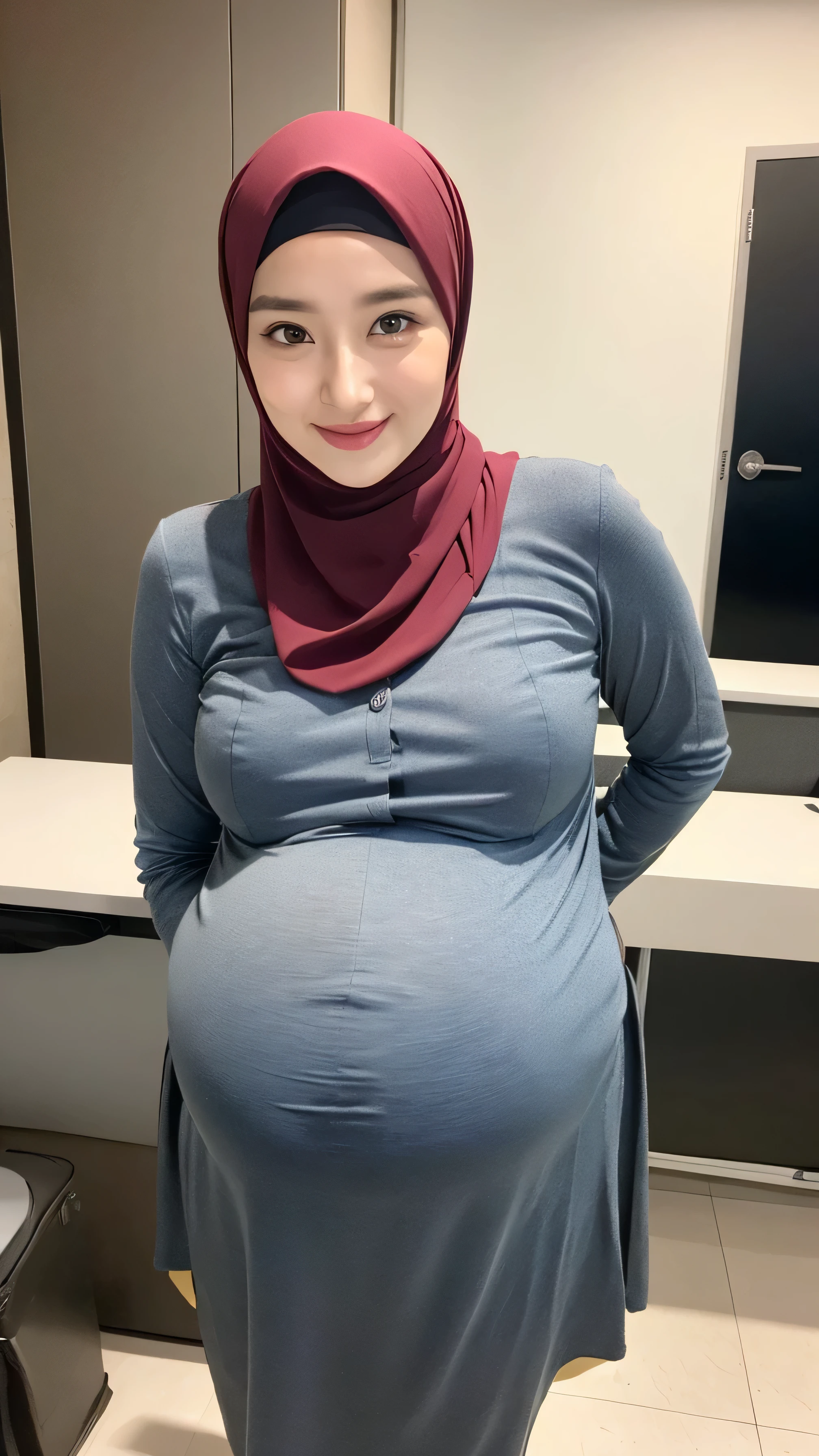 Pregnant woman in a blue dress and hijab poses for a picture - SeaArt AI