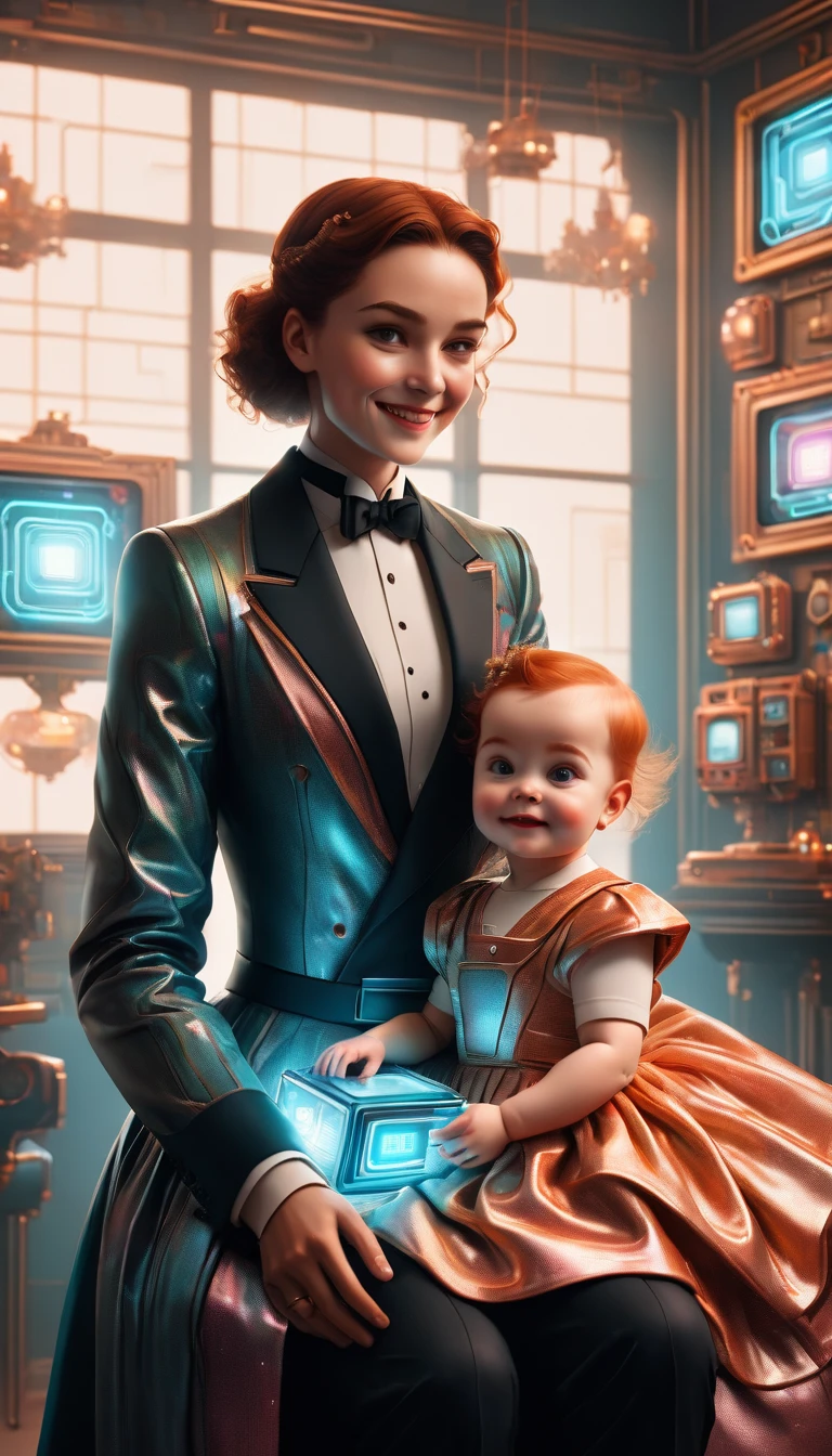 Future character design，Retro Future，(Butler in a holographic retro dress，Smiling looking at cute human baby in cradle)，Nice room, 3D, Futuristic cyberpunk style，，Like a dream