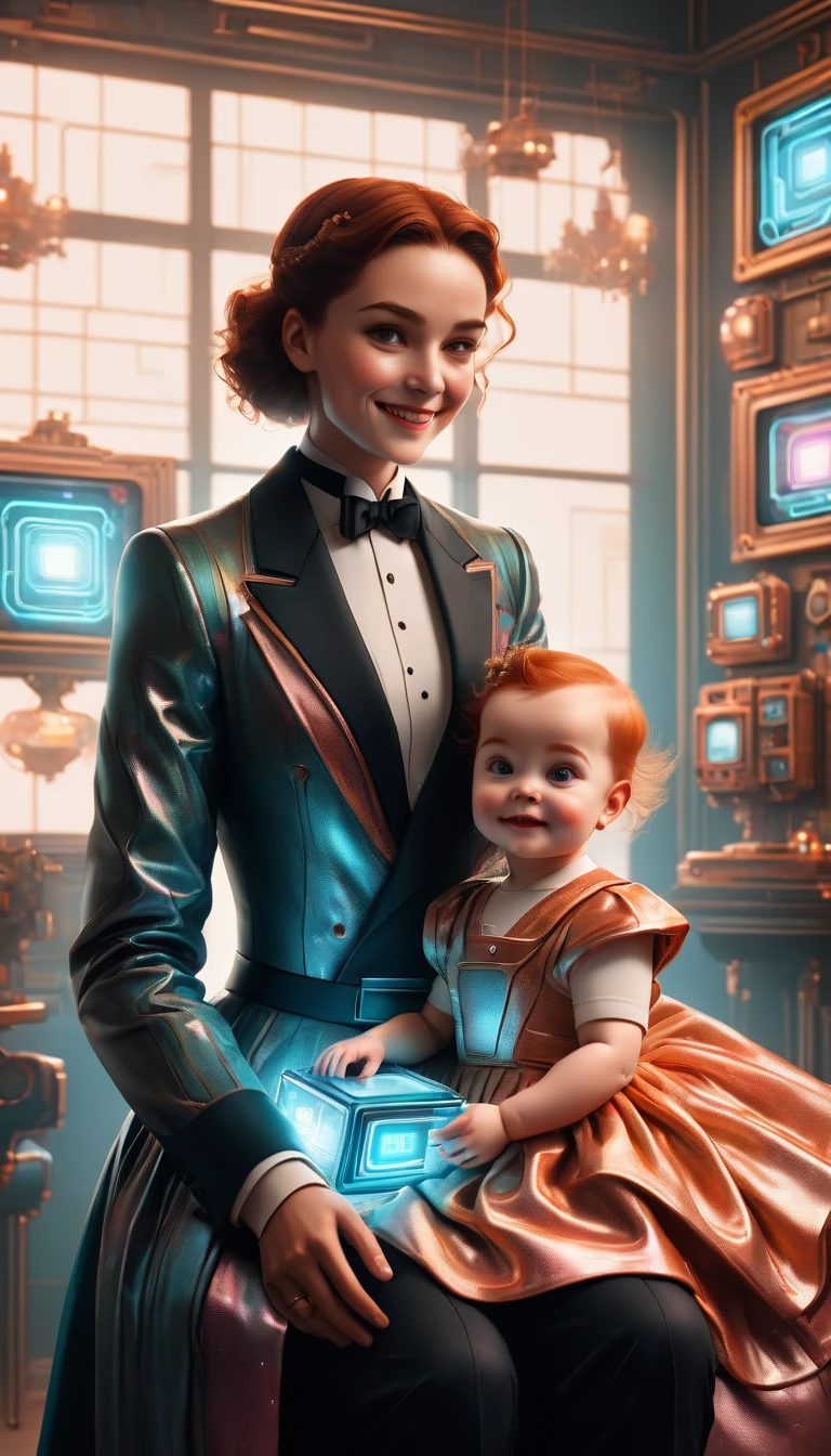 Conception des futurs personnages，futur rétro，(Majordome dans une robe rétro holographique，Souriant en regardant un joli bébé humain dans son berceau)，belle pièce, 3D, style cyberpunk futuriste，，comme un rêve