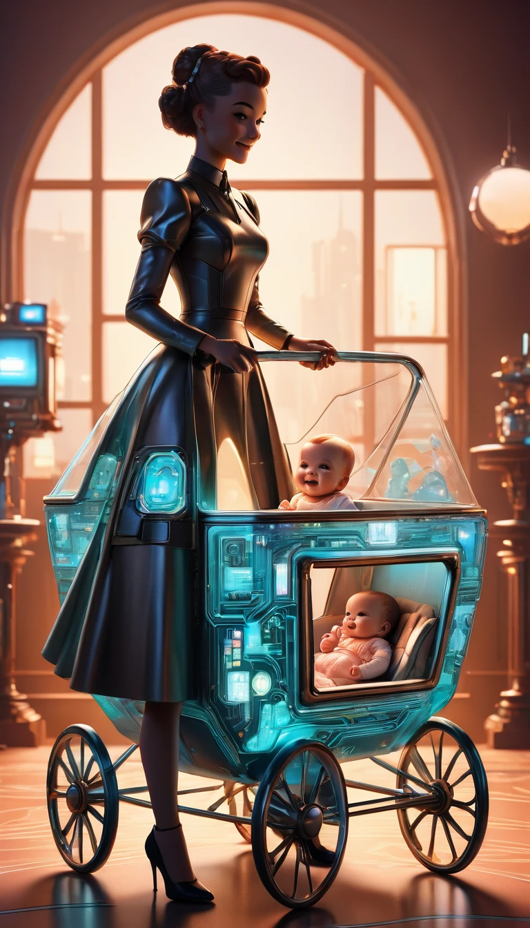 未来角色设计，复古未来，(巴特勒身着全息复古连衣裙，微笑着看着摇篮里可爱的婴儿)，很棒的房间, 3D, 未来派赛博朋克风格，，像做梦一样