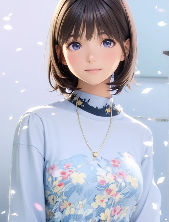 High resolution,In 8K,highest quality,detailed,Semi-realistic anime,Anime 3D Style,Smooth anime CG,One Girl,19-year-old woman in Japan,slim,Modeled,Shiny brown hair,Medium Hair,detailedな顔,Beautiful and detailed,Glowing Skin,Brightly colored cardigans,necklace,straggling hair,Angelic hairstyle,Small breasts,Round and big eyes,