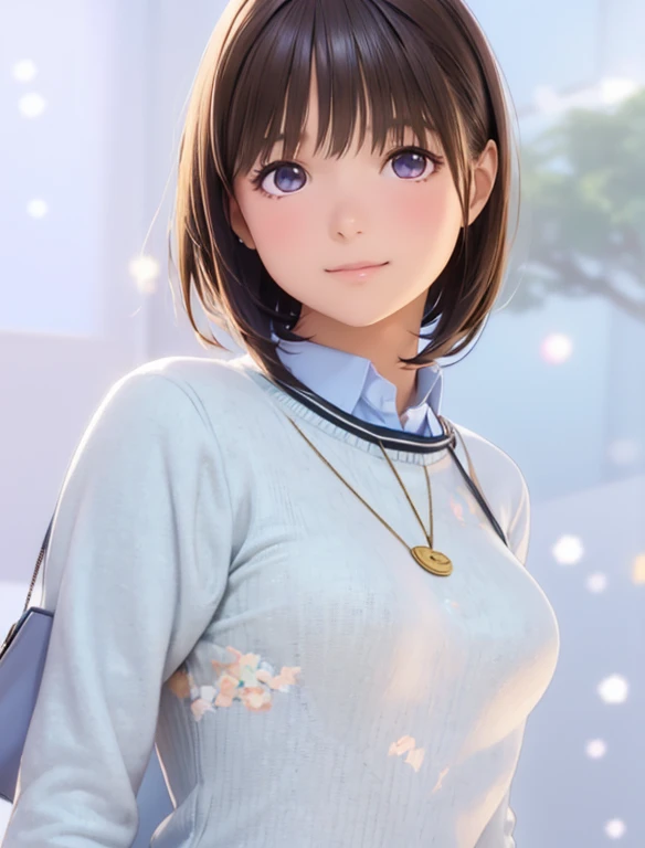 High resolution,In 8K,highest quality,detailed,Semi-realistic anime,Anime 3D Style,Smooth anime CG,One Girl,19-year-old woman in Japan,slim,Modeled,Shiny brown hair,Medium Hair,detailedな顔,Beautiful and detailed,Glowing Skin,Brightly colored cardigans,necklace,straggling hair,Angelic hairstyle,Small breasts,Round and big eyes,