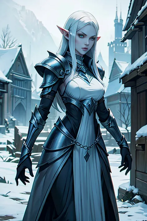 Pale skin, elf, winter armor, glaring at viewer, village ruins,