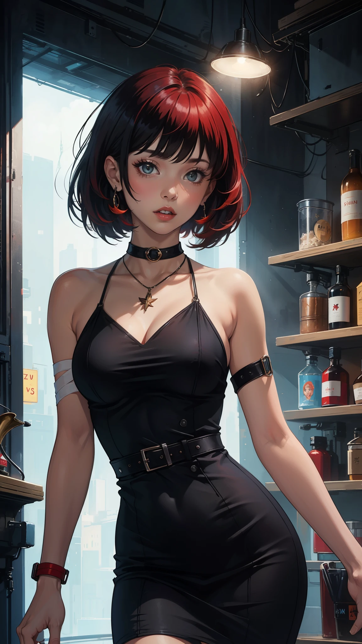 Best quality, funny , 8K, sleeveless bandage dress, woman, medium breast, Jazz Club, bob haircut, necklace on the neck, Starry eyes, black style, professional, (Red hair:1.3) (black hair:1.1) full height, dim light in the room