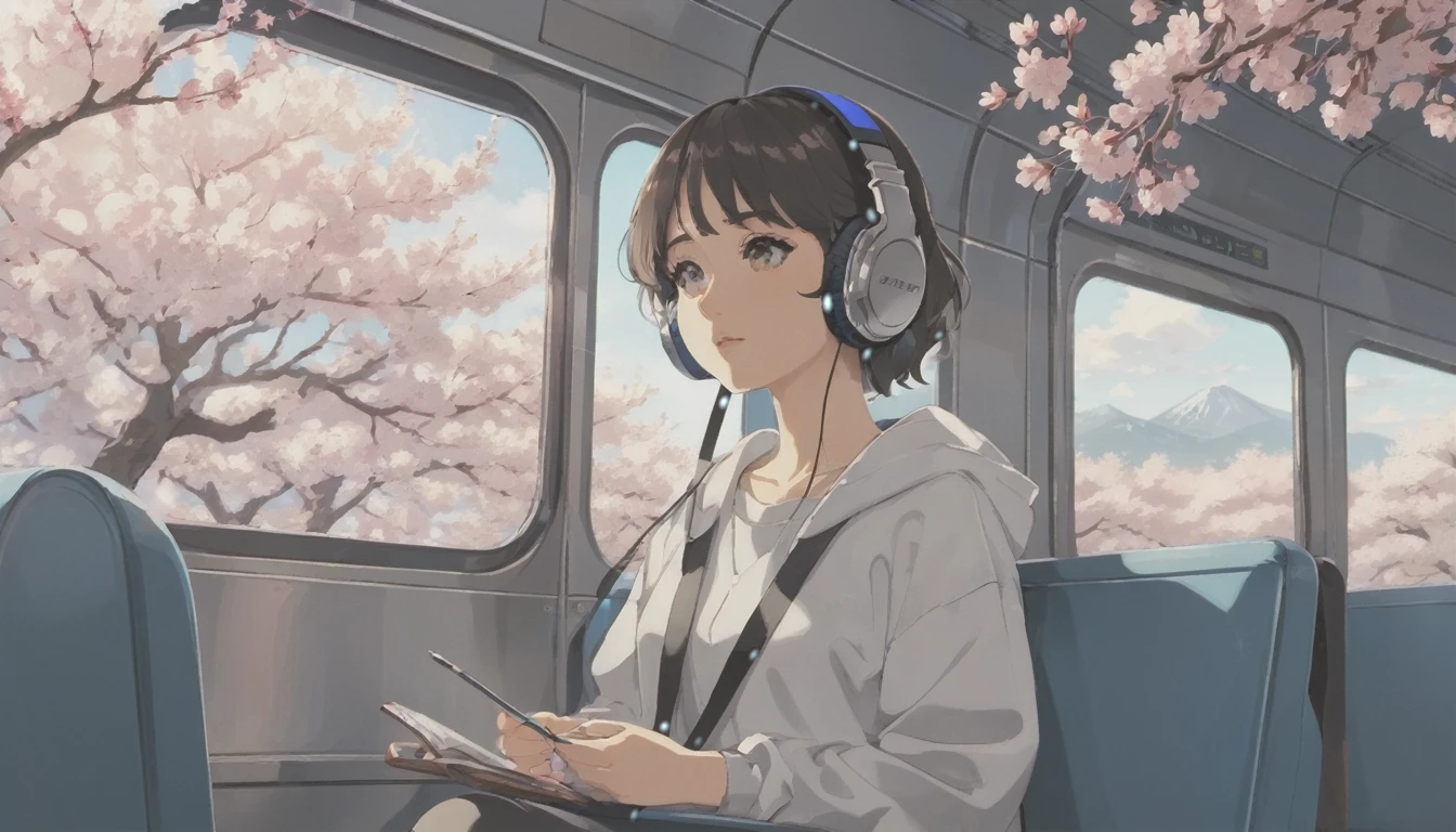 wideshot,old cartoon,on the train,woman listening to music,1 headphones,very detailed, supreme detail,lo-fi hip-hop,anime texture,solo,picture,gaze out at the outside,ultra-detailed,(best quality,4k,8k,highres,masterpiece:1.2),realistic,photorealistic:1.37,cell-shaded style,pastel color palette,soft lighting, A view of cherry blossoms in full bloom