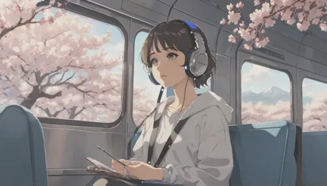 wideshot,old cartoon,on the train,woman listening to music,1 headphones,very detailed, supreme detail,lo-fi hip-hop,anime textur...